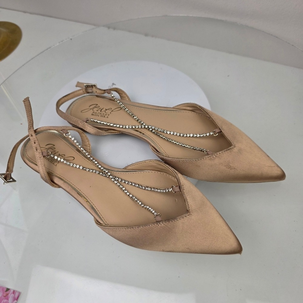Jewel Badgley Mischka Flats 5.5 Champagne Satin Rhinestone Slingback Wedding